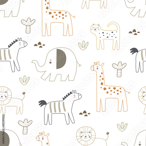 Seamless pattern with cartoon animals, decor elements. colorful vector for kids. hand drawing, flat style. baby design for fabric, print, textile, wrapper