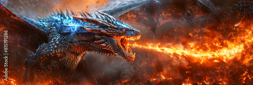 A flying blue dragon spitting hot fire in an epic battle photo