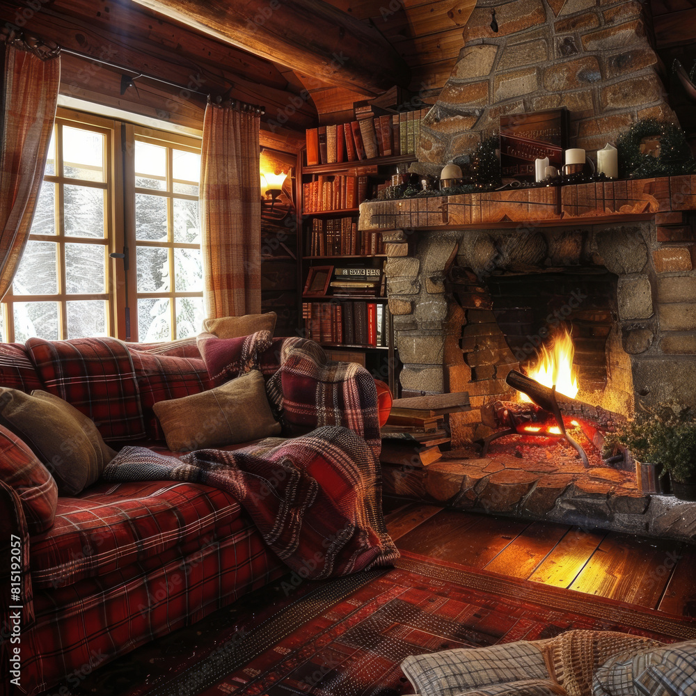 Cozy cabin with a crackling fire in the fireplace Cozy cabin with a crackling fire in the fireplace