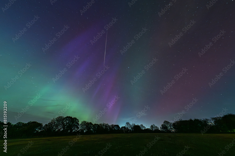 meteor whilst looking up for the northern lights, aurora borealis, from Stansted, Essex, UK. The lights were unusally far south due to strong solar geomagnetic storm 10 May 2024