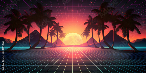sunset on the beach retro 80s style background, cool retro wave or synth wave style poster wallpaper background