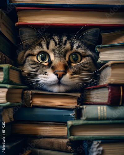 
A curious cat peeking out from behind a stack of books, with its bright eyes capturing the viewer's attention