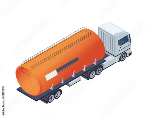Orange tanker truck on a white background, symbolizing logistics and transportation. Isometric vector illustration isolated on white background
