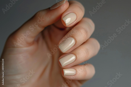Closeup of a beautiful female hand with a perfect manicure. Light beige color nail polish on her fingernails against a neutral background