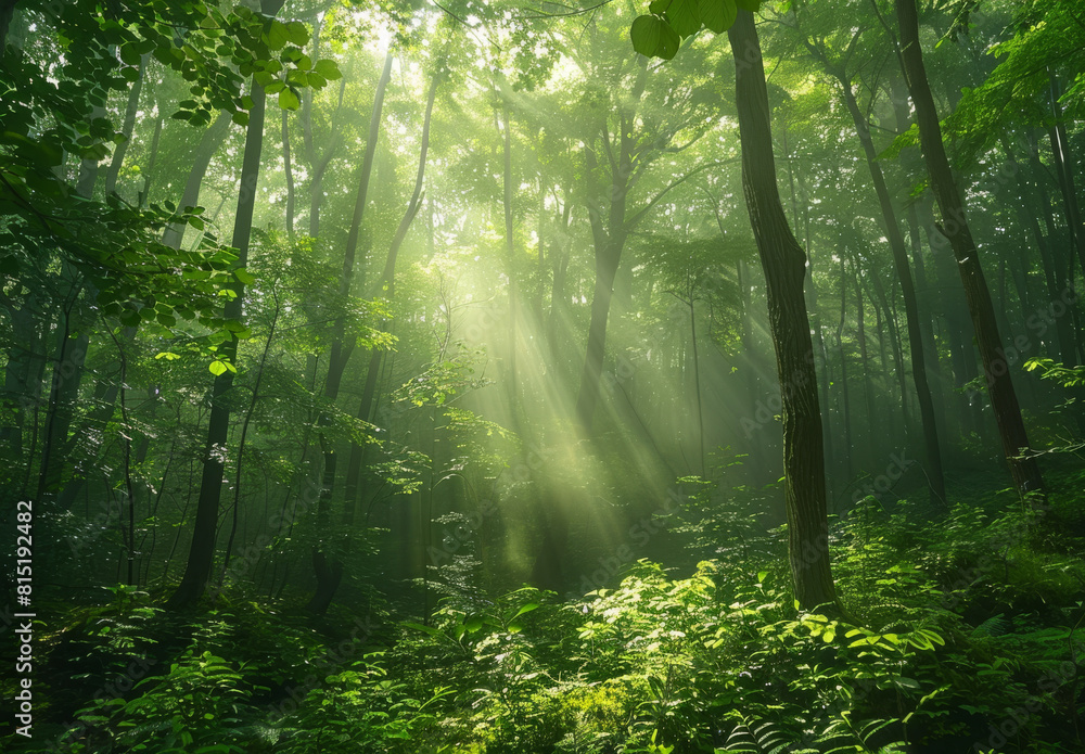 Naklejka premium Lush green forest with sunlight filtering through the trees