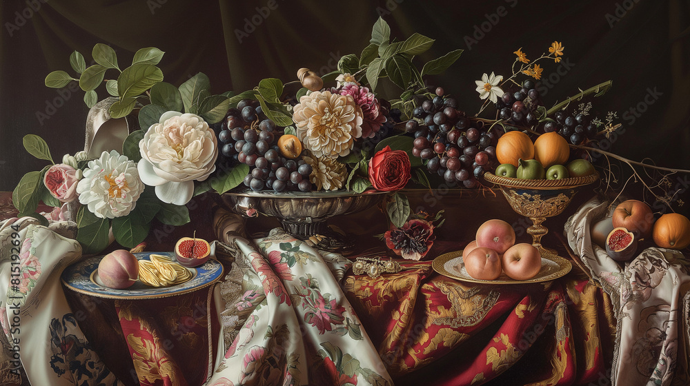 a detailed still-life composition inspired by the Dutch masters, showcasing an array of objects such as flowers, fruits, and luxurious fabrics, rendered with exquisite detail, texture, and light