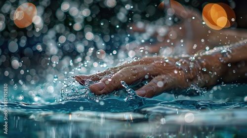 close-up of a senior male swimmer's hand slicing through the water during a freestyle stroke