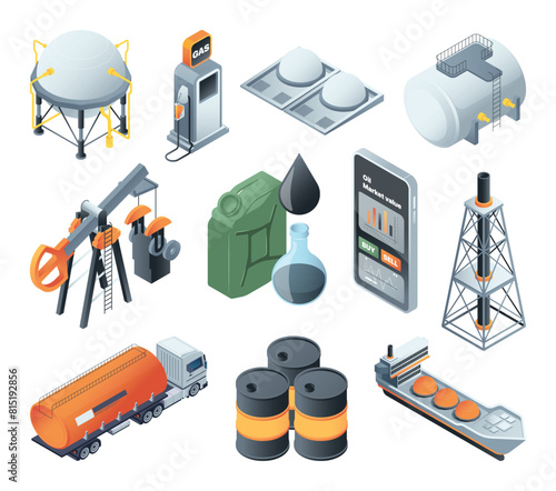 A collection of isometric oil industry icons, including equipment, storage, and transportation. Concept of energy. Set of vector illustrations isolated on white background