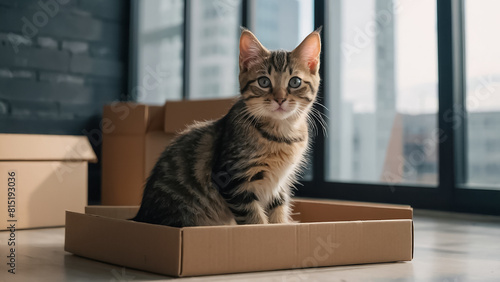 Cute cat, box in the apartment looking