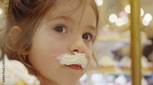 The little girls face is covered in frosting  with a smile on her mouth and a hint of frosting on her nose. Her eyes sparkle with joy as she looks ahead AIG50