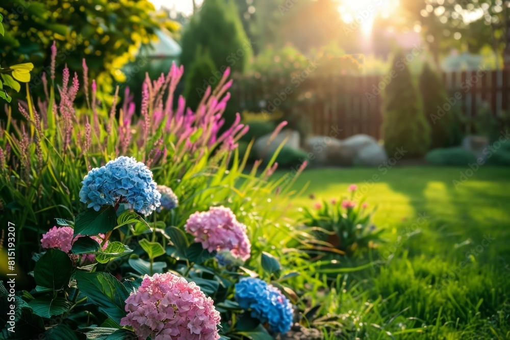 Obraz premium Beautiful home garden with hydrangeas, sage and grass in the sunlight Backyard landscape design Generative AI