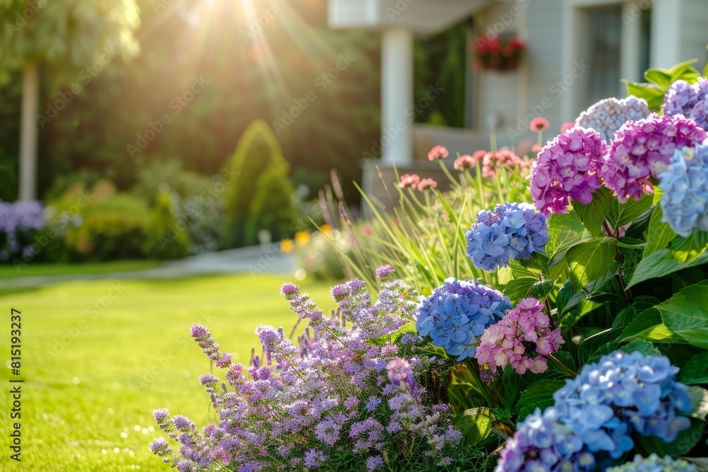 Obraz premium Beautiful garden with hydrangeas, sage and other plants in the foreground, grassy lawn in the background Generative AI