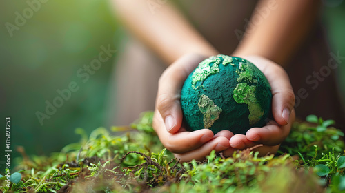 Hands Holding green Globe In Green Forest - Environment Concept