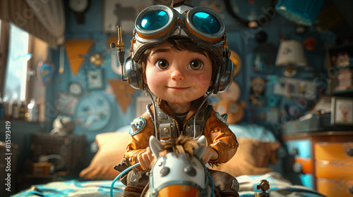Adorable Young Boy in Pilot Gear Playing Astronaut in Colorful Bedroom photo