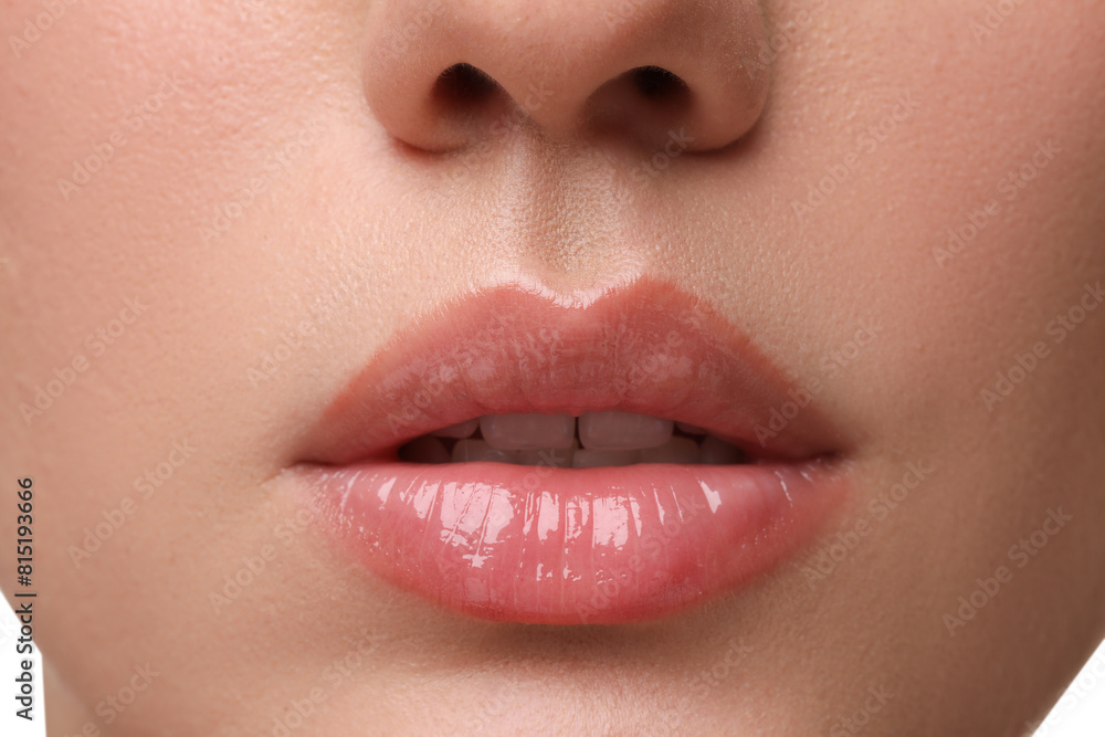 Obraz premium Woman wearing beautiful lip gloss, closeup view