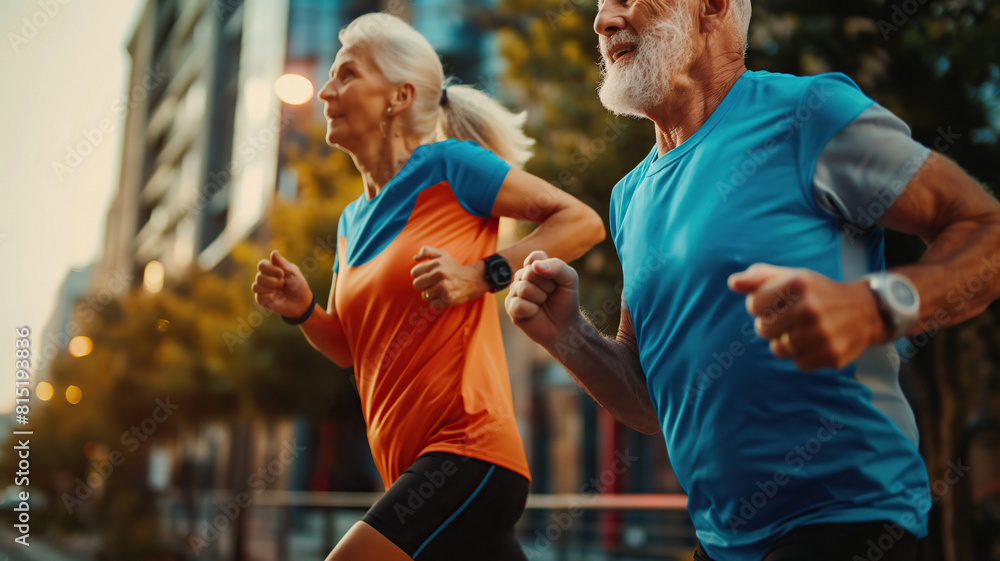 Fototapeta premium Attractive and cheerful senior couple in sport outfit running outdoor