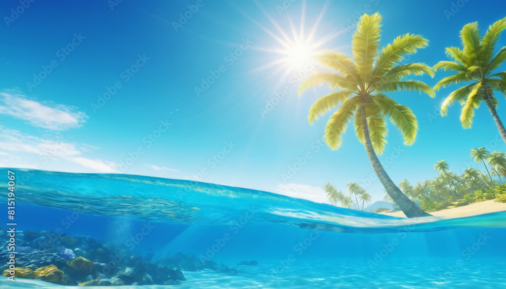 Sea background with blue tropical ocean above, sunny blue sky and palm tree, empty underwater background with the sun shining, creating giant surf waves in the sea waters. 3d rendering Sea background with blue tropical ocean above, sunny blue sky and palm tree, empty underwater background with the sun shining, creating giant surf waves in the sea waters. 3d rendering
