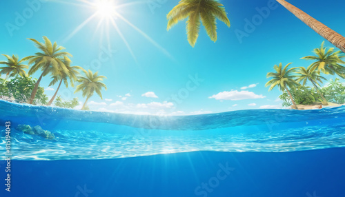 Sea background with blue tropical ocean above, sunny blue sky and palm tree, empty underwater background with the sun shining, creating giant surf waves in the sea waters. 3d rendering