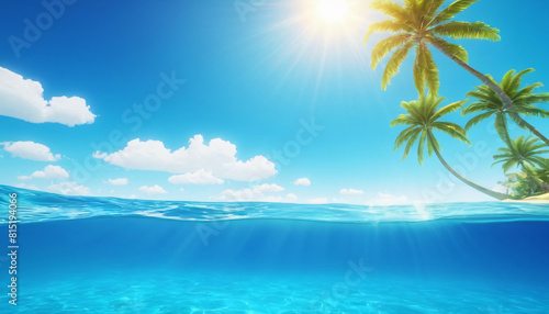 Sea background with blue tropical ocean above, sunny blue sky and palm tree, empty underwater background with the sun shining, creating giant surf waves in the sea waters. 3d rendering © Edwin