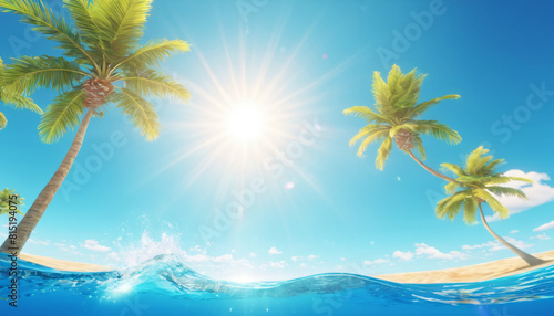 Sea background with blue tropical ocean above  sunny blue sky and palm tree  empty underwater background with the sun shining  creating giant surf waves in the sea waters. 3d rendering