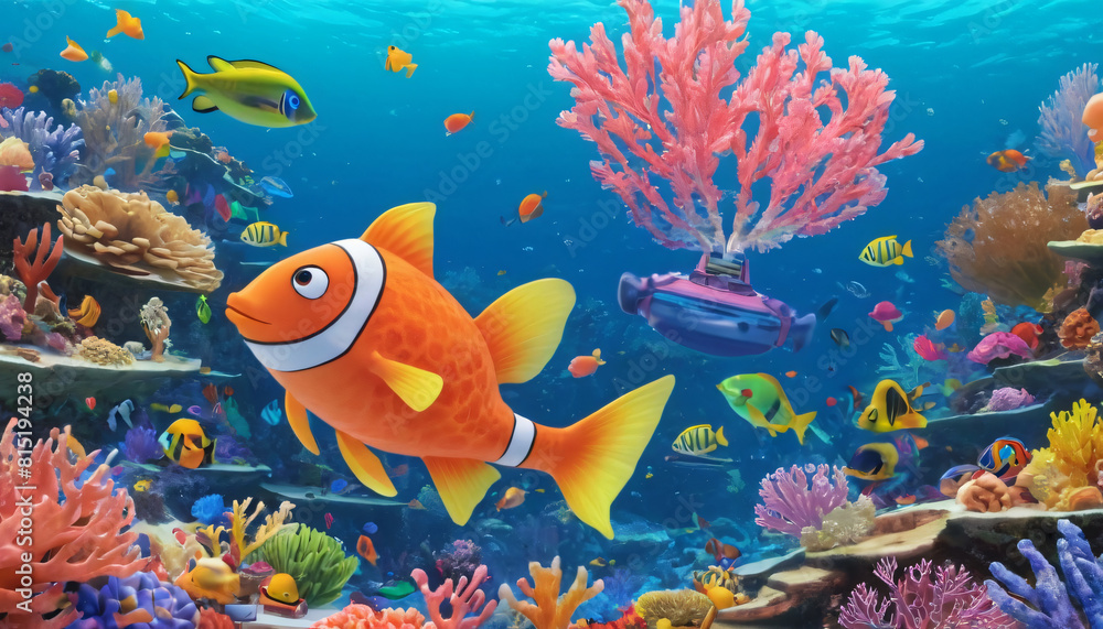 Naklejka premium summer coral reef fish and ocean 3d rendering