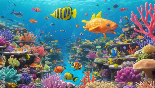 summer coral reef fish and ocean 3d rendering