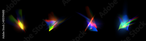 Rainbow light rays, lens flare, reflection effect from crystal, glass or gem. Vector realistic illustration set of light leak effect with spectrum glare, prism refraction, lens flare  © Valeriia