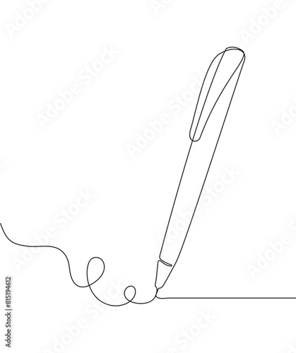 A minimalist doodle vector illustration featuring a continuous line drawing of a pen writing a wave-like stroke, symbolizing the concept of study and education.