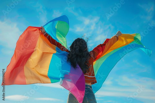 LGBT, parade of activists for LGBT rights with a rainbow flag, transgender people, homosexuals, people from the gay and lesbian community with a rainbow flag, a symbol of LGBT freedom, happy portrait