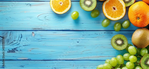 A blue wooden background with an orange, kiwi and grapes on the right side. Web banner with space for text. photo