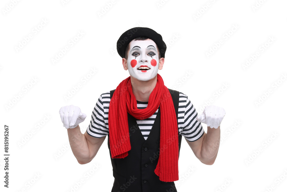 Funny mime artist in beret posing on white background Funny mime artist in beret posing on white background