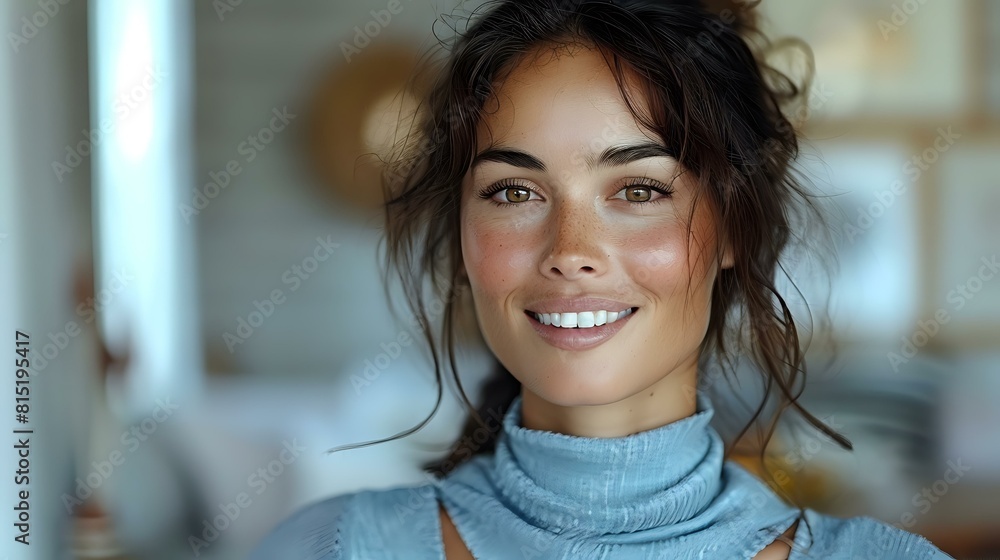 Effortless Grace: Woman with Affable Smile in Blue Turtleneck Effortless Grace: Woman with Affable Smile in Blue Turtleneck