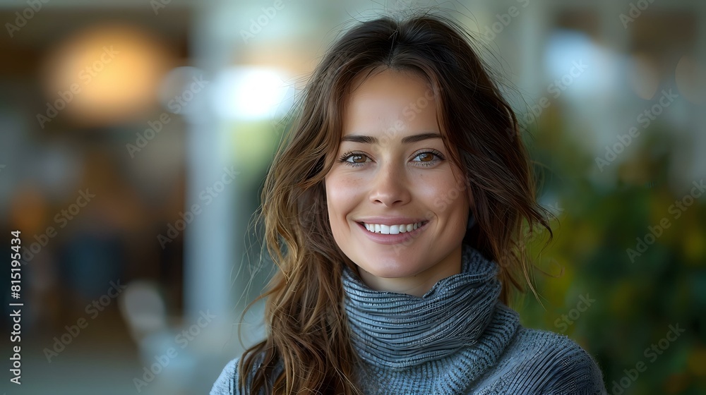 Effortless Grace: Woman with Inviting Smile in Blue Turtleneck Effortless Grace: Woman with Inviting Smile in Blue Turtleneck