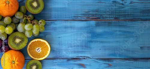 A blue wooden background with an orange, kiwi and grapes on the right side. Web banner with space for text. photo