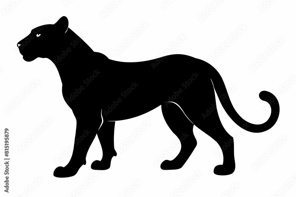 Black silhouette of panther, cheetah, tigress or lioness isolated on a white background. Wild cat. Graphic illustration. Icon, pictogram, template, sign, logotype, print, design element