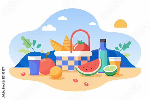 Picnic setup with food and drink on a sunny beach. Isolated on white background. Concept of summer, leisure, outdoor dining, and relaxation. Graphic illustration