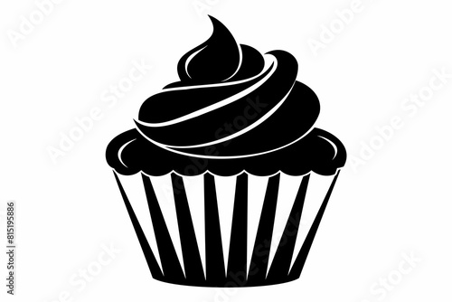 Black silhouette of cupcake isolated on white. Minimalist graphic illustration. Concept of dessert, baking, sweet food. Icon, pictogram, template, sign, logotype, print, design element