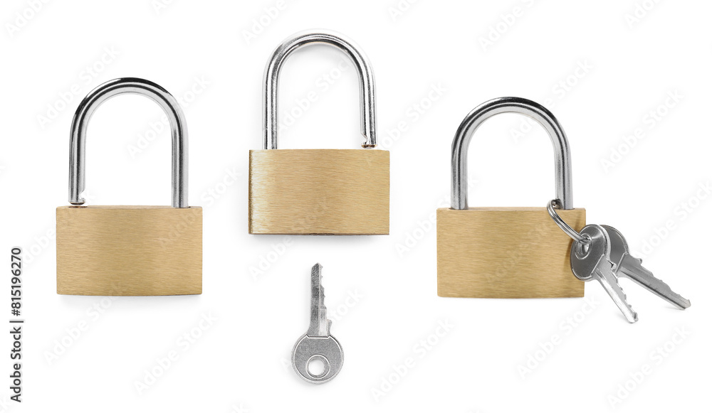 New steel padlock isolated on white, set New steel padlock isolated on white, set