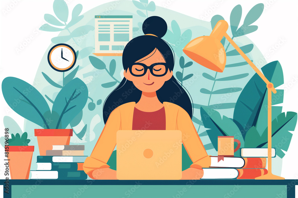 Woman Sitting at Desk With Plants and Laptop Woman Sitting at Desk With Plants and Laptop