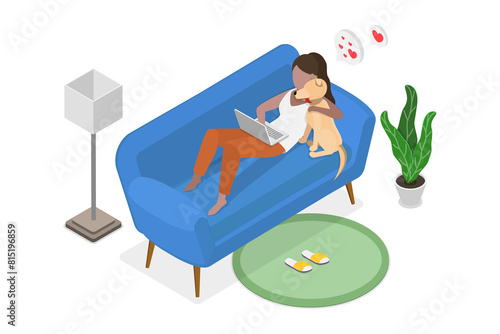 3D Isometric Flat Illustration of Spending Time With Pet , Adorable Animals and Their Owners