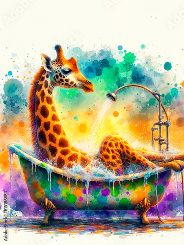 A giraffe in the bathtub