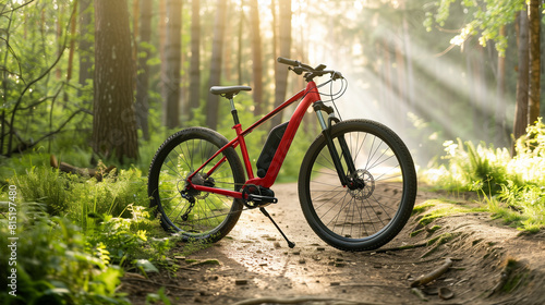 Red Mountain Bike Parked in Wooded Area