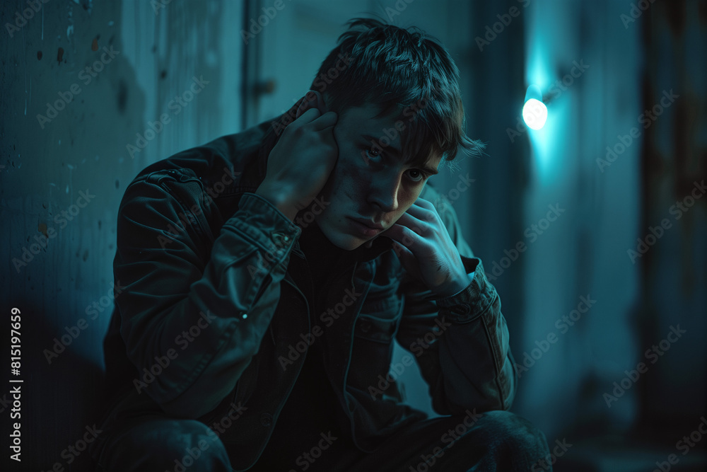 Man with depression on a street background. Cinematic view. Man with depression on a street background. Cinematic view.