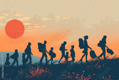 Silhouettes of People Walking With Luggage at Sunset