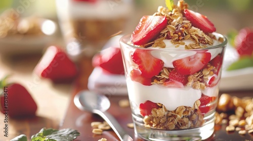 close-up of a strawberry parfait layered with yogurt and granola  offering a delicious and nutritious breakfast option.