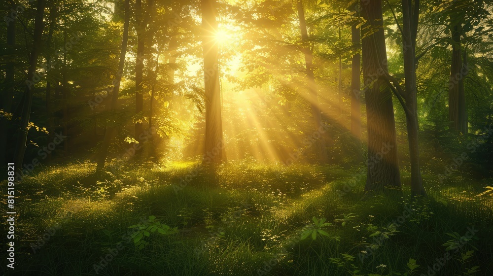 Fototapeta premium serene forest clearing bathed in golden sunlight, perfect for mindfulness retreats and nature-inspired designs.