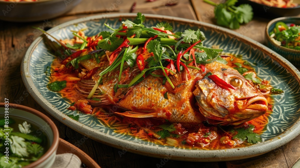 tantalizing plate of Thai-style spicy chili fish, adorned with fresh herbs and served on a traditional dish. tantalizing plate of Thai-style spicy chili fish, adorned with fresh herbs and served on a traditional dish.