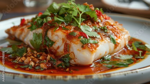 tantalizing plate of Thai-style spicy chili fish  adorned with fresh herbs and served on a traditional dish.