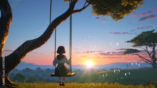 a girl playing on a swing under a tree anime or cartoon. seamless and looping 4k photo
