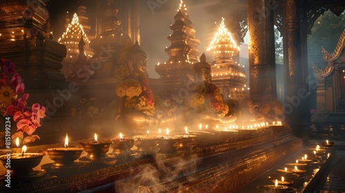 Candlelit temple with incense smoke, honoring Visakha Bucha, the holiest day in Buddhism. photo